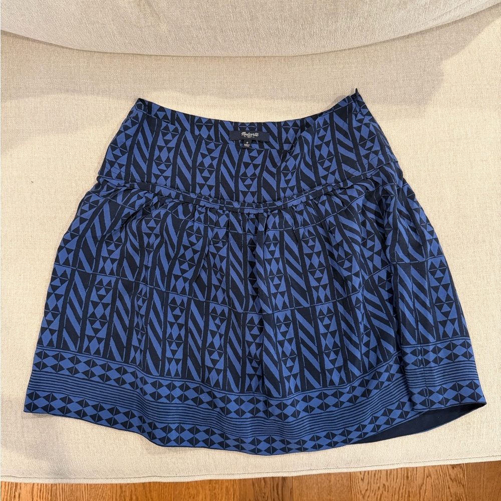Madewell - Silk, Blue Geometric Print A-Line Skirt